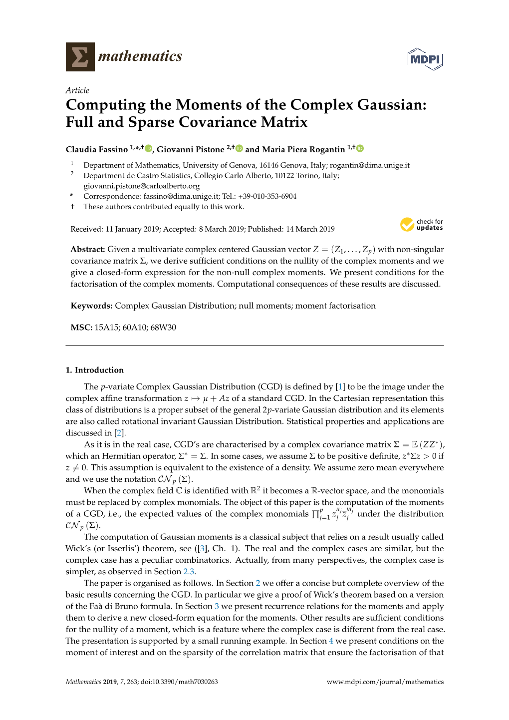 Computing the Moments of the Complex Gaussian: Full and Sparse Covariance Matrix