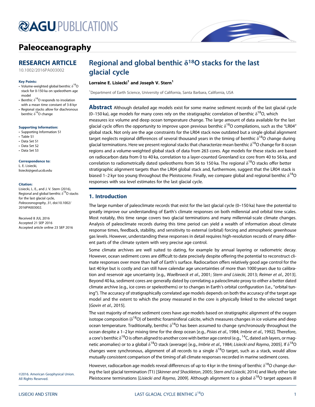 Regional and Global Benthic 18O Stacks for the Last Glacial Cycle