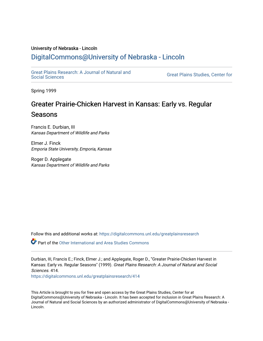 Greater Prairie-Chicken Harvest in Kansas: Early Vs