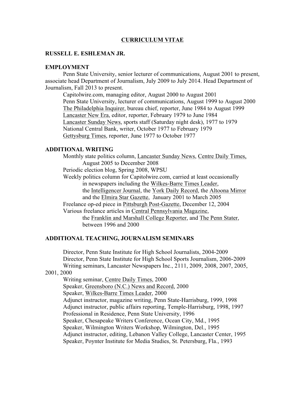 Curriculum Vitae Russell E. Eshleman Jr. Employment