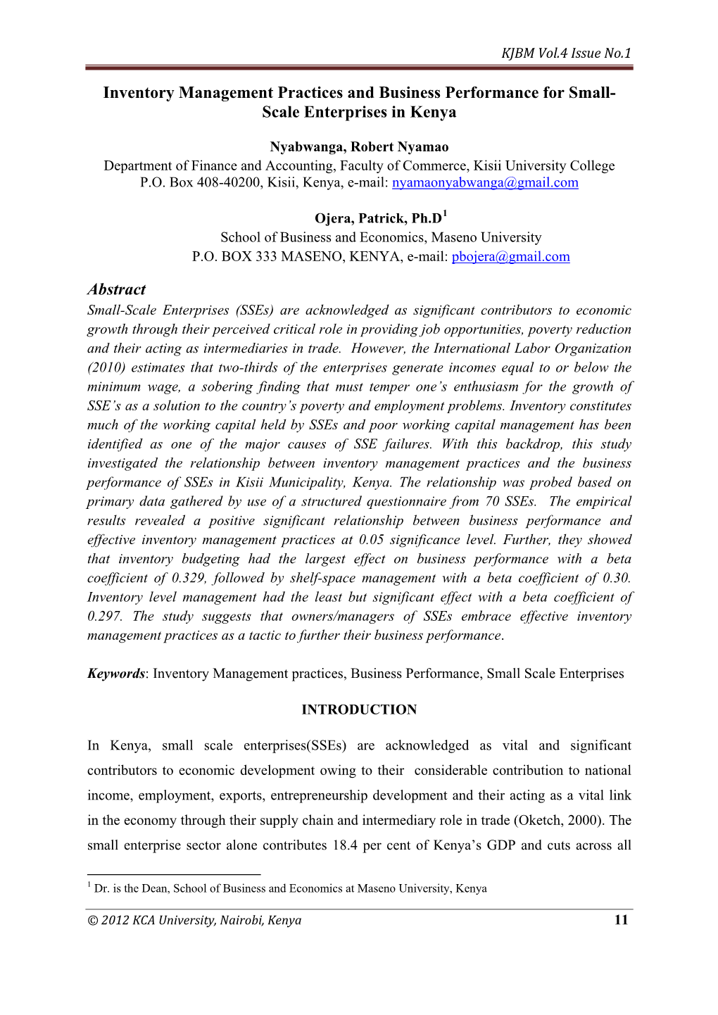 Inventory Management Practices and Business Performance for Small- Scale Enterprises in Kenya