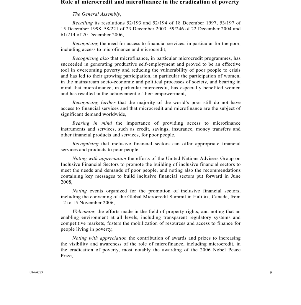 Draft Resolution I Role of Microcredit and Microfinance in the Eradication of Poverty