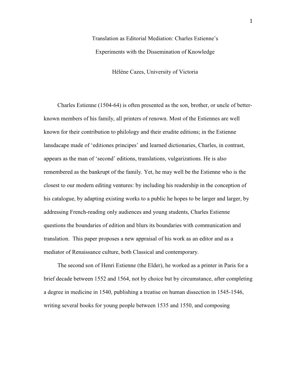 1 Translation As Editorial Mediation: Charles Estienne's Experiments