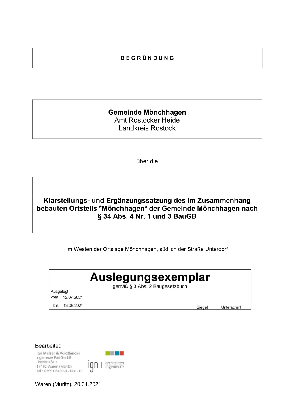 Gemeinde Mönchhagen Amt Rostocker Heide Landkreis Rostock