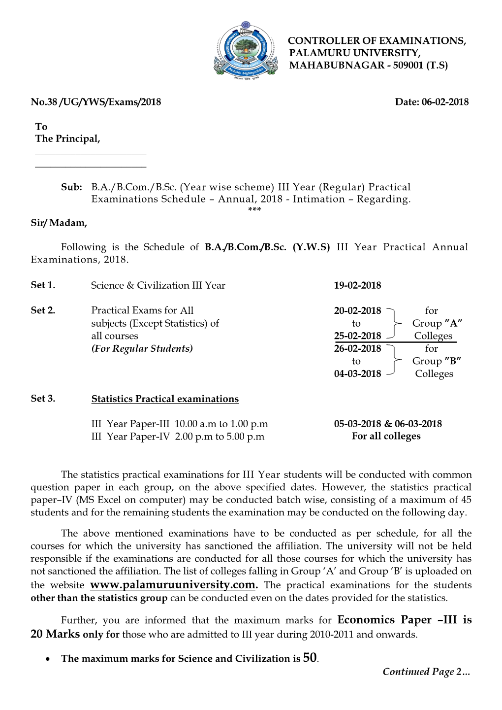 509001 (TS) No.38 /UG/YWS/Exams/2018 Date: 06