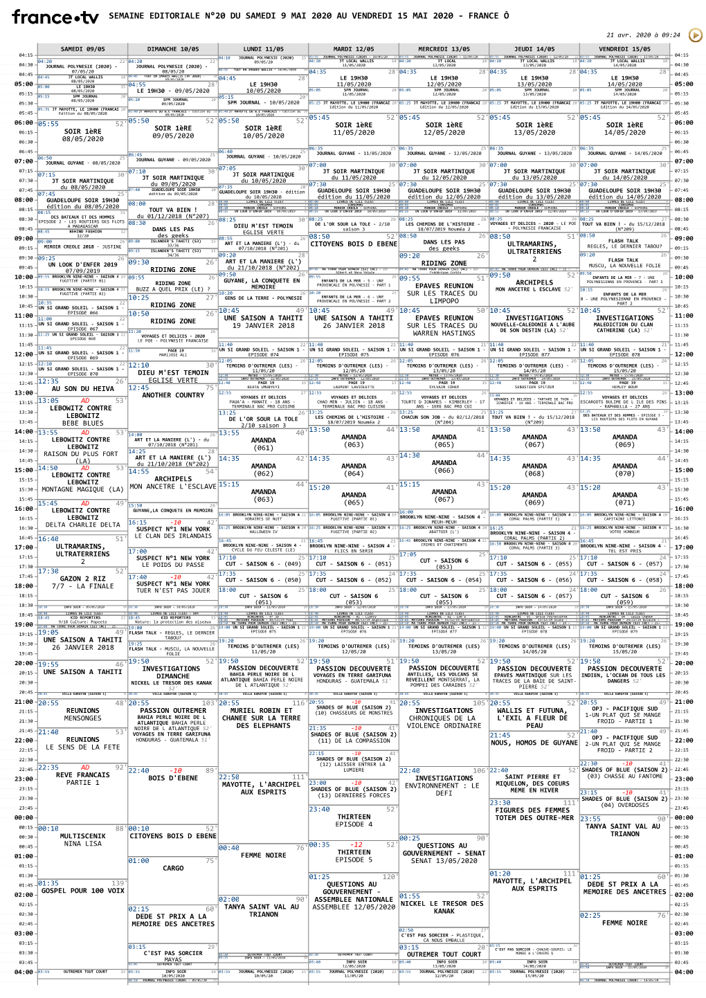 Semaine Editoriale N°20 Du Samedi 9 Mai 2020 Au Vendredi 15 Mai 2020 - France Ô