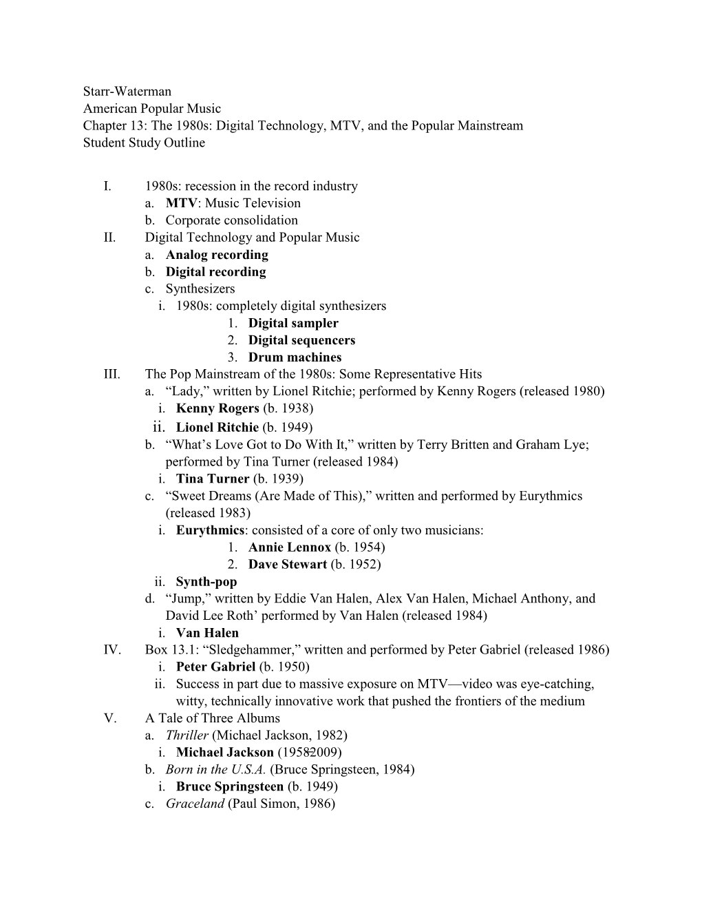 Starr-Waterman American Popular Music Chapter 13: the 1980S: Digital Technology, MTV, and the Popular Mainstream Student Study Outline