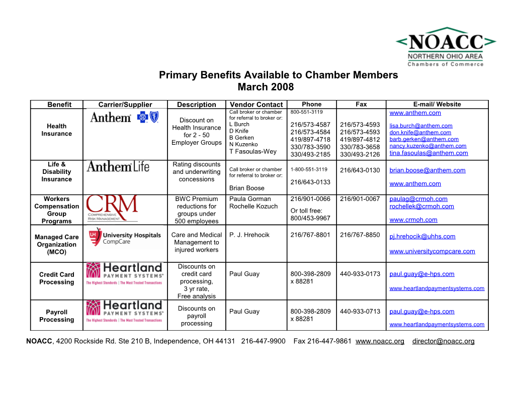 Primary Benefits Available to Chamber Members