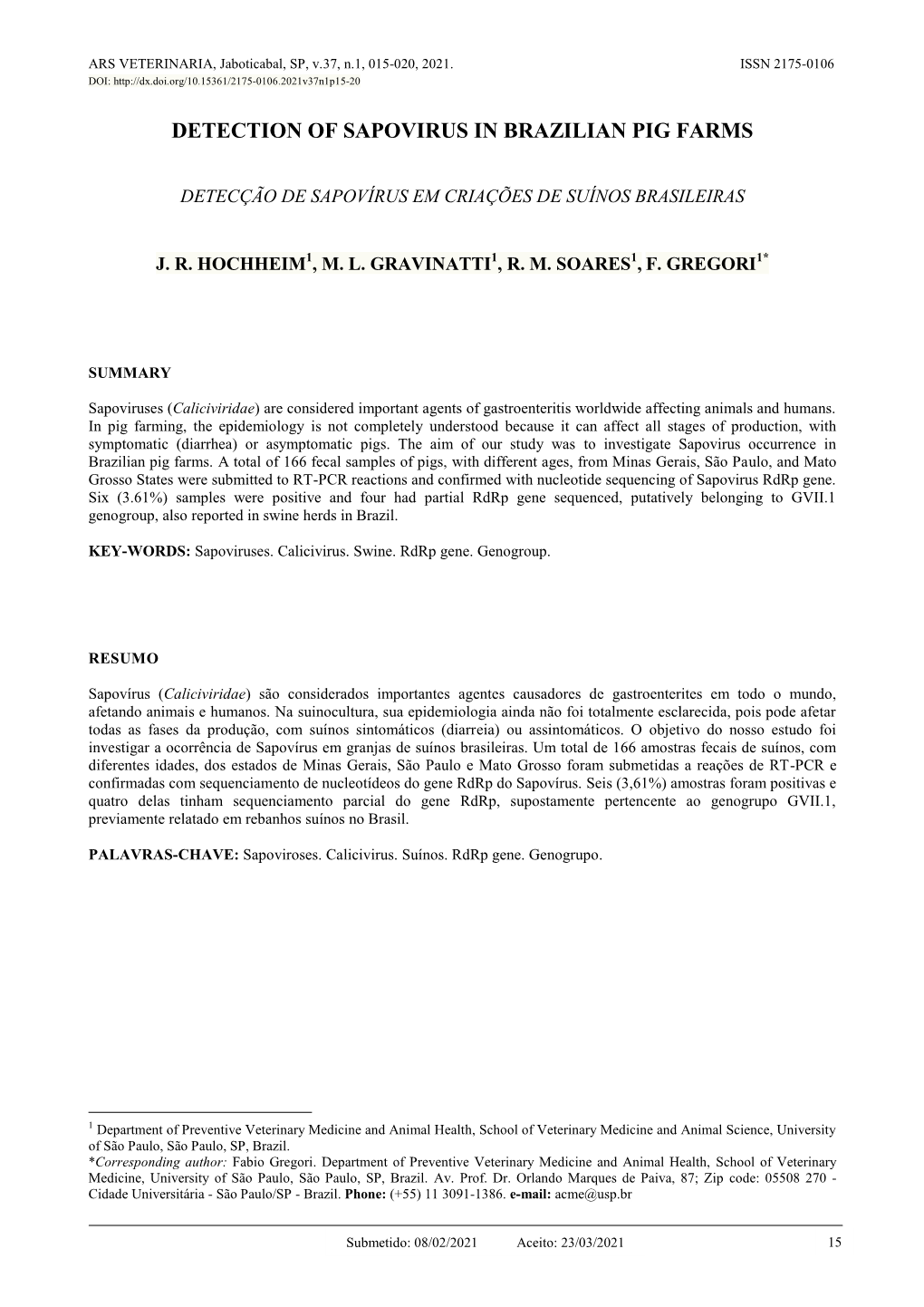 Detection of Sapovirus in Brazilian Pig Farms