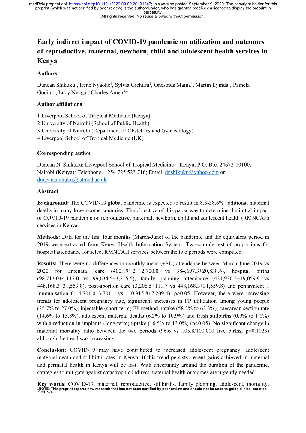 Early Indirect Impact of COVID-19 Pandemic on Utilization and Outcomes of Reproductive, Maternal, Newborn, Child and Adolescent Health Services in Kenya