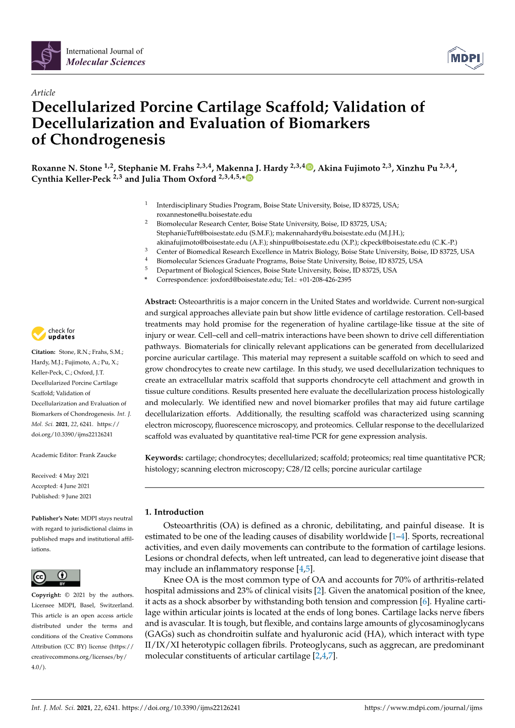 Decellularized Porcine Cartilage Scaffold; Validation of Decellularization and Evaluation of Biomarkers of Chondrogenesis