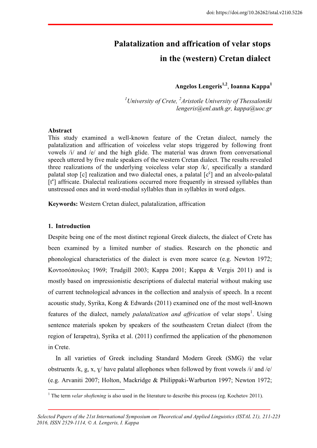 Palatalization and Affrication of Velar Stops in the (Western) Cretan Dialect