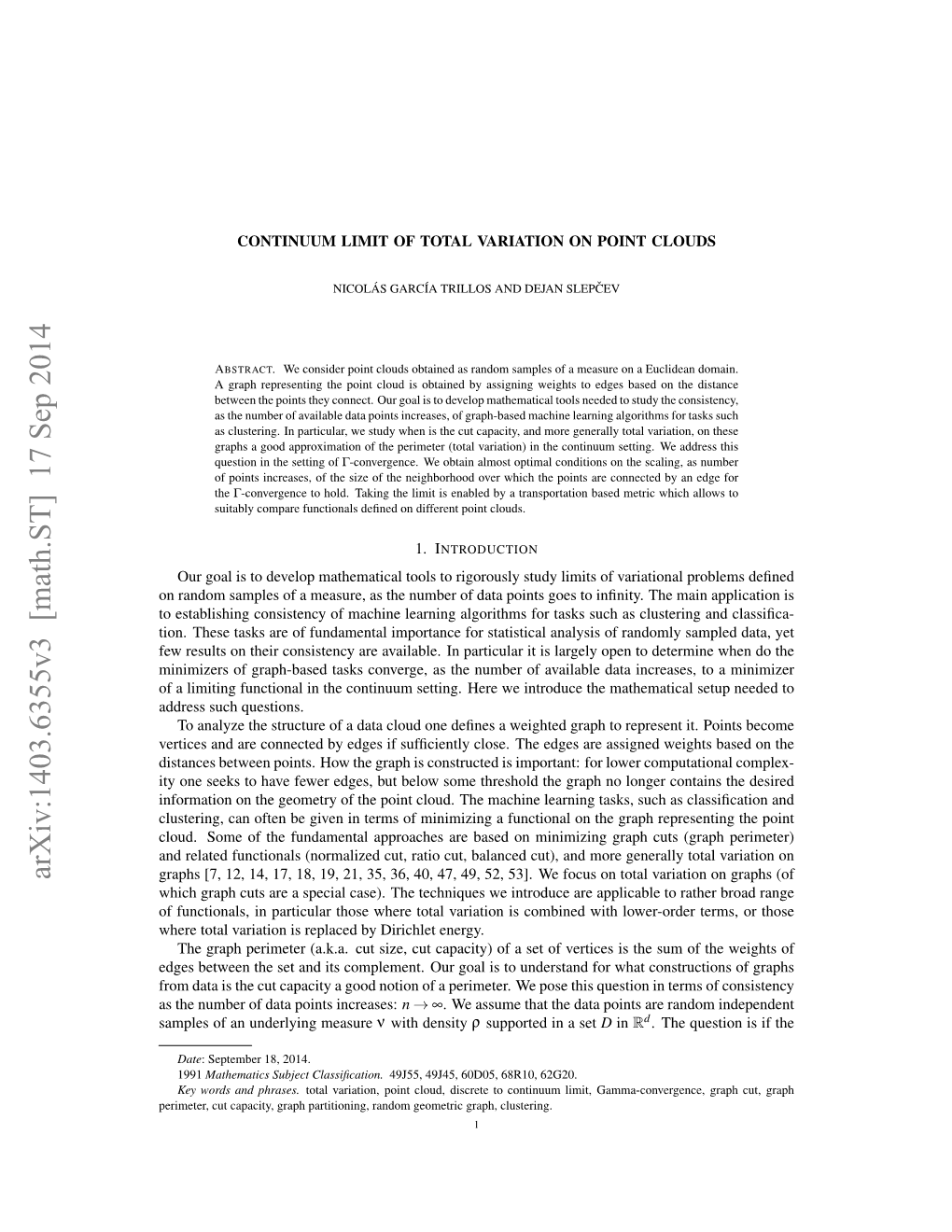 Arxiv:1403.6355V3 [Math.ST] 17 Sep 2014 Graphs [7, 12, 14, 17, 18, 19, 21, 35, 36, 40, 47, 49, 52, 53]