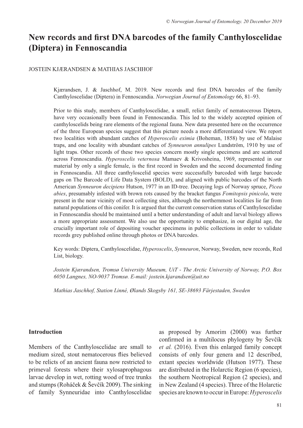 New Records and First DNA Barcodes of the Family Canthyloscelidae (Diptera) in Fennoscandia