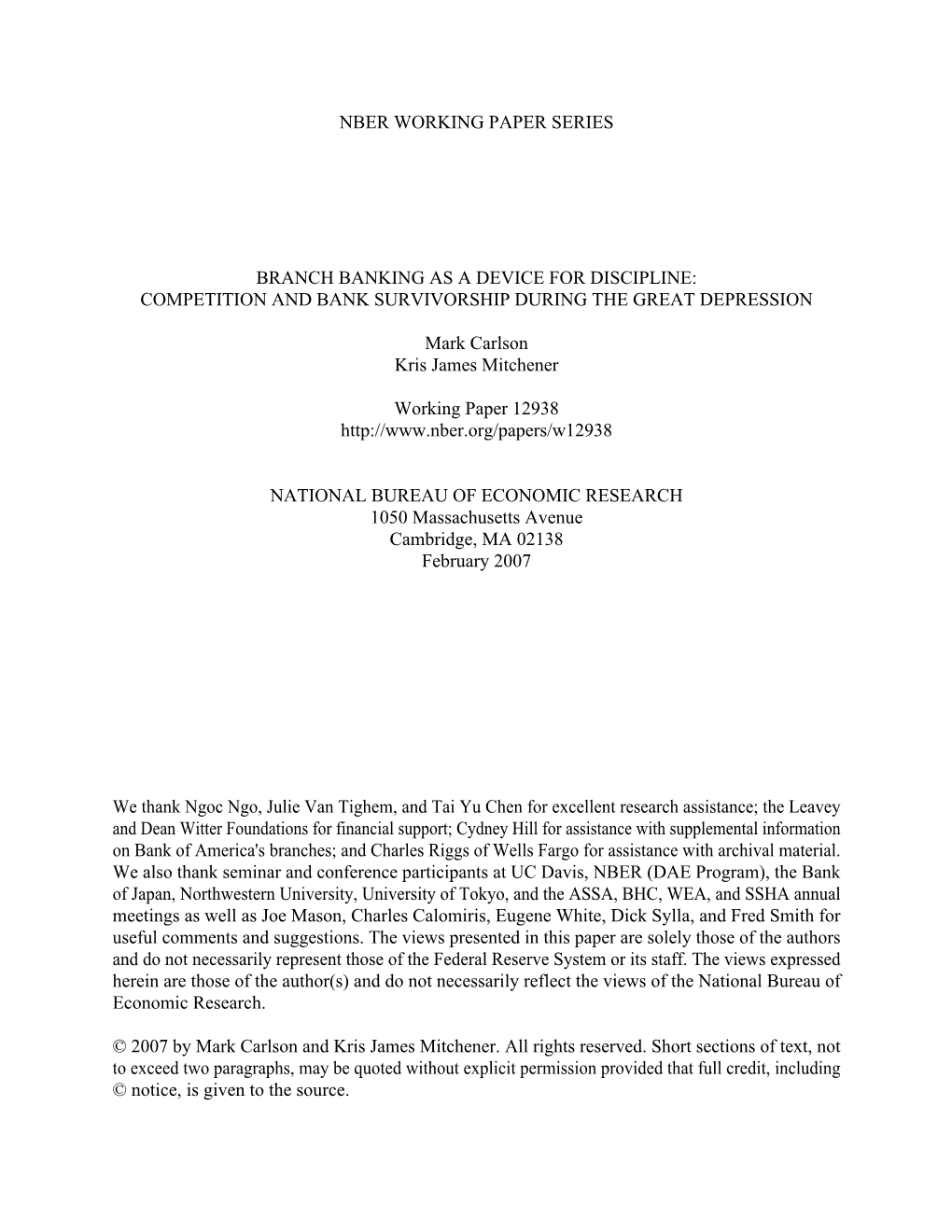 Branch Banking As a Device for Discipline: Competition and Bank Survivorship During the Great Depression