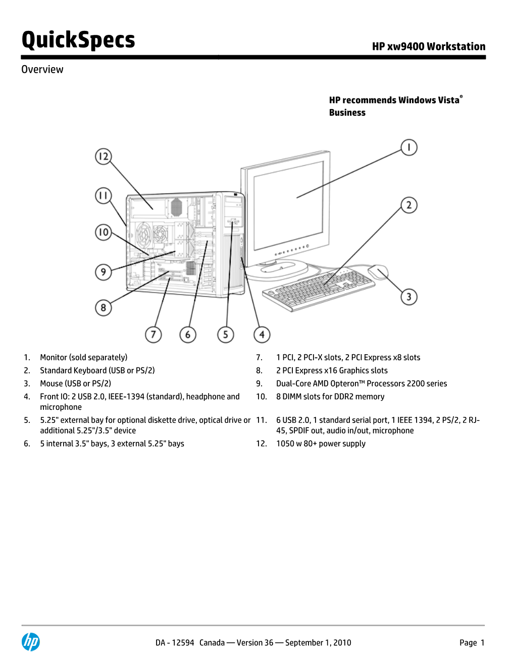 Quickspecs HP Xw9400 Workstation