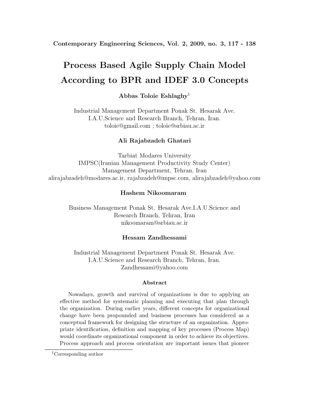 Process Based Agile Supply Chain Model According to BPR and IDEF 3.0 Concepts