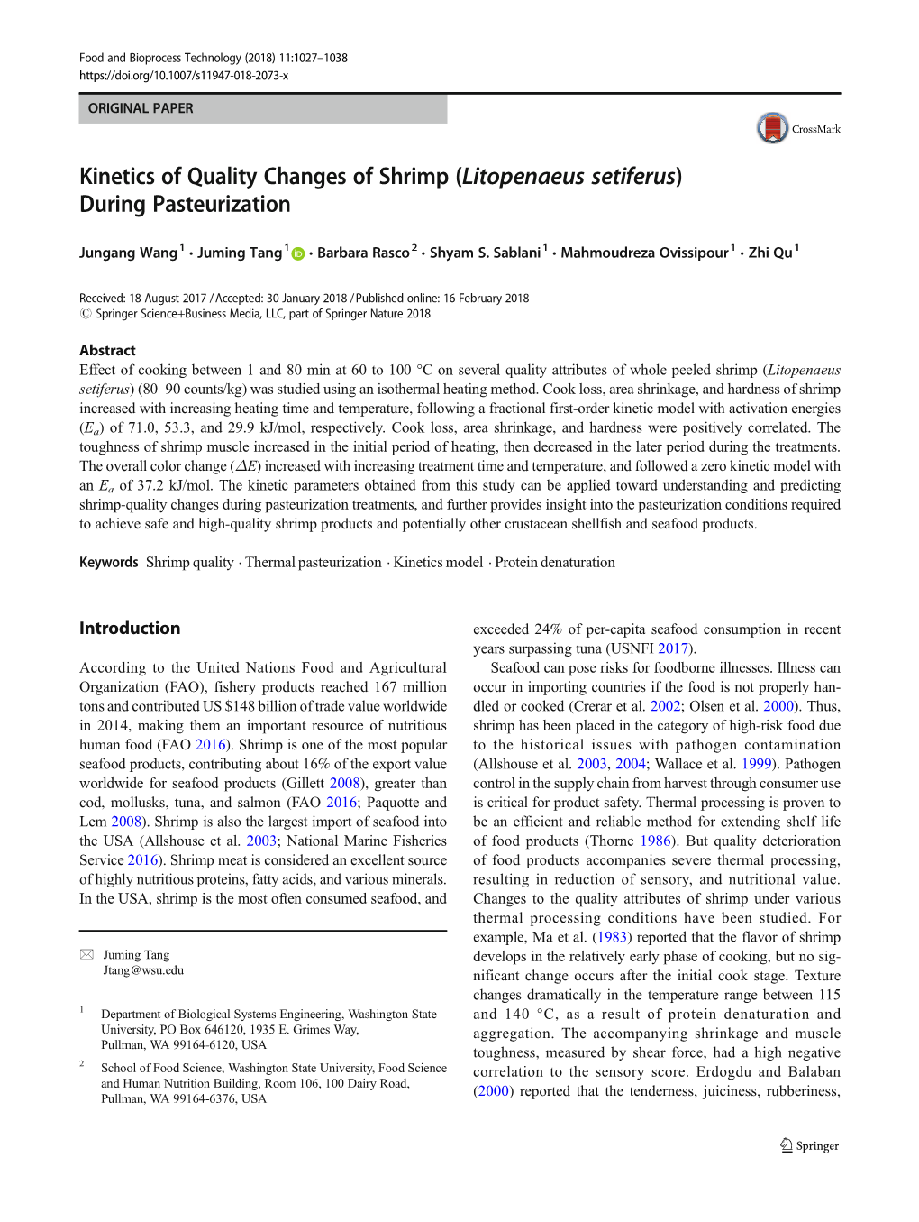 Kinetics of Quality Changes of Shrimp (Litopenaeus Setiferus) During Pasteurization