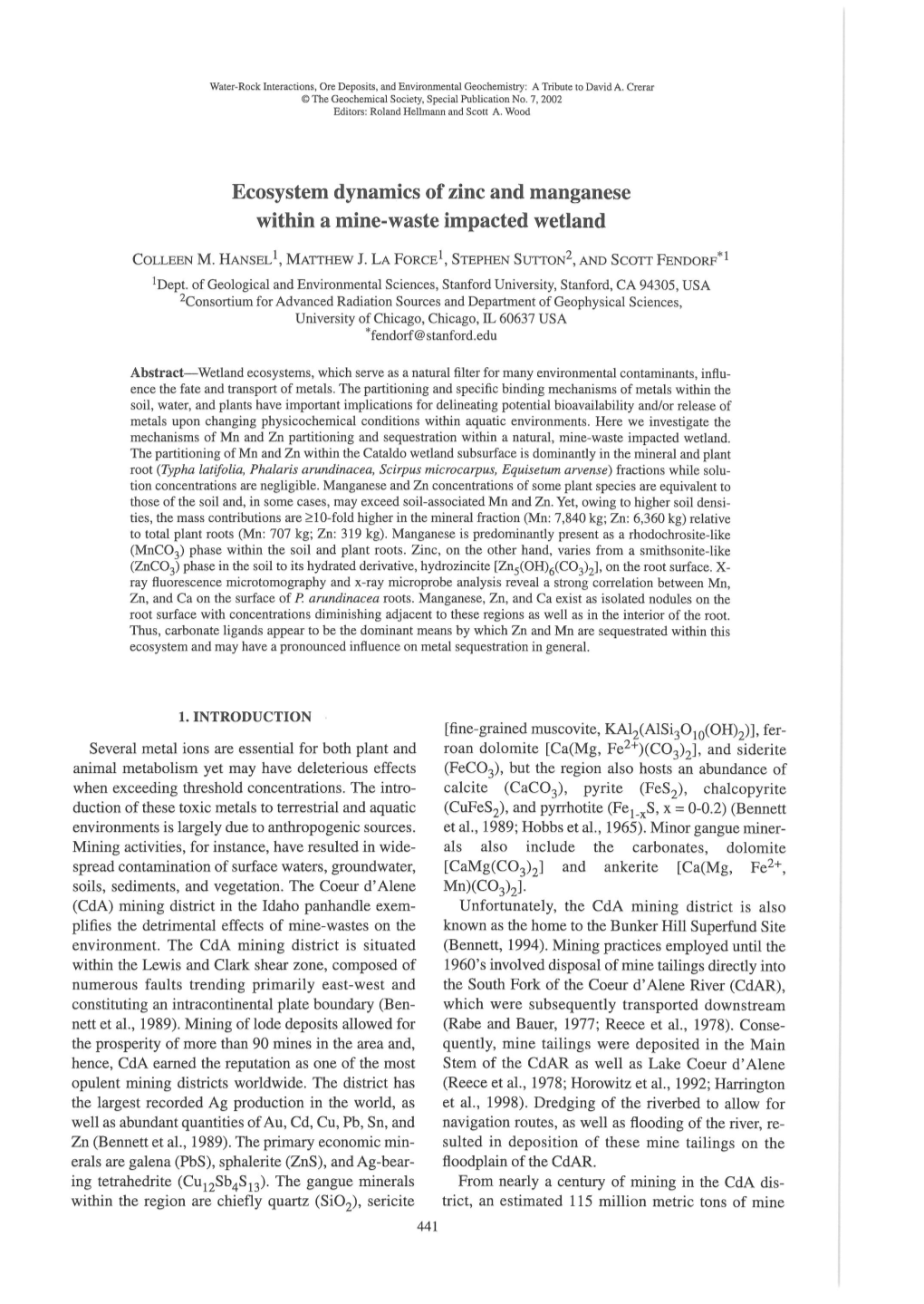 Ecosystem Dynamics Ofzinc and Manganese Within a Mine-Waste