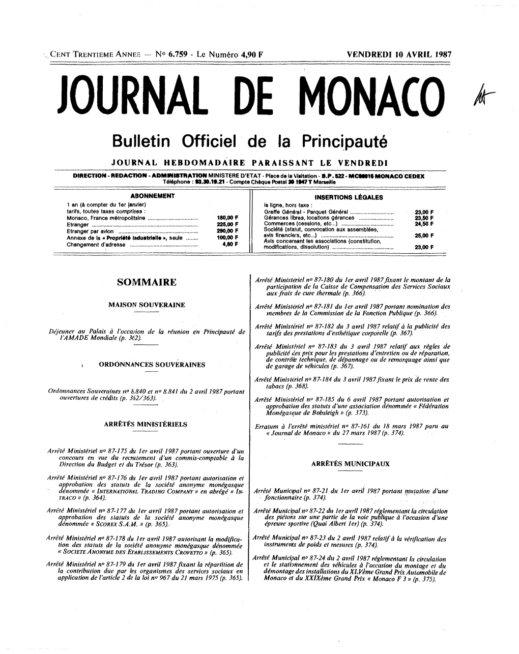 JOURNAL DE MONACO /4-- Bulletin Officiel De La Principauté