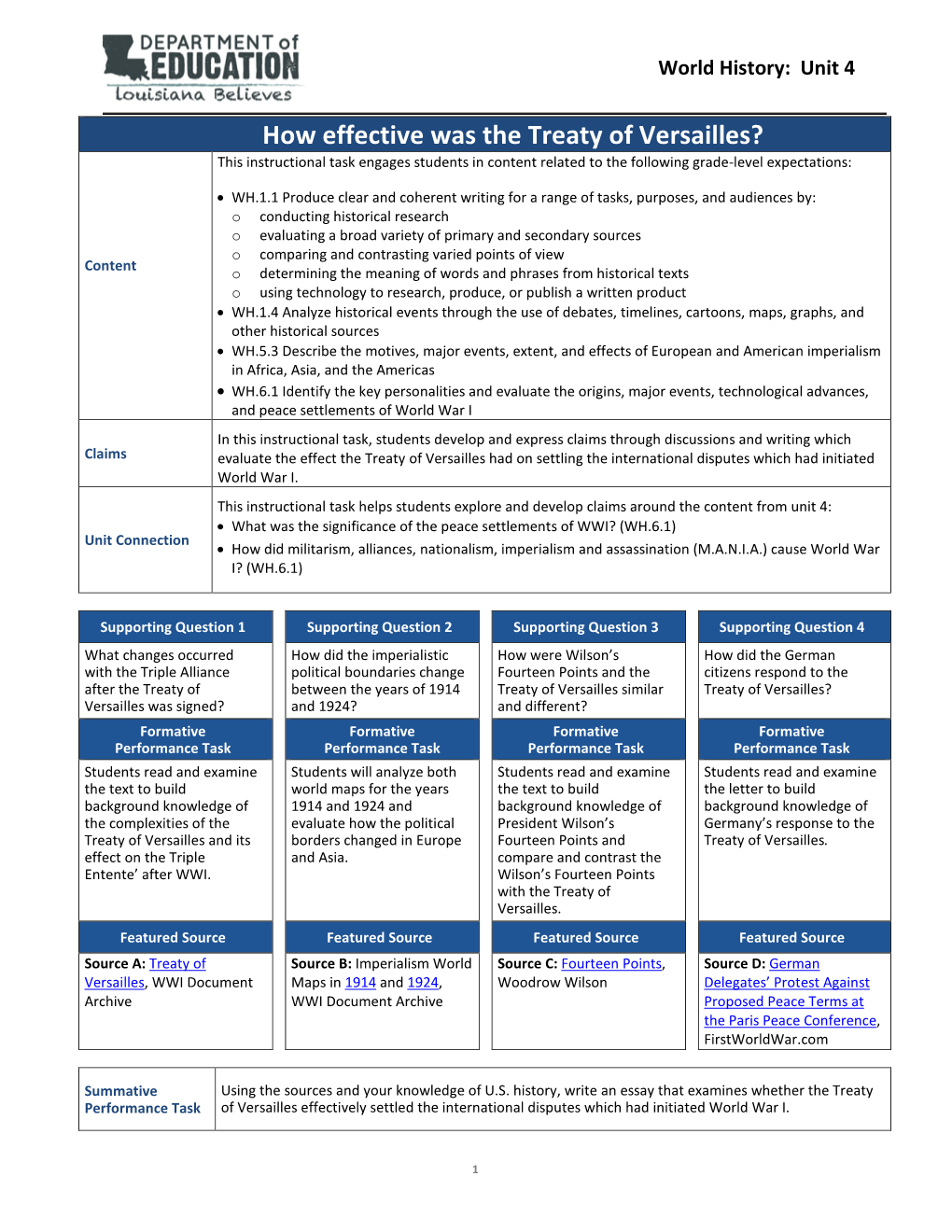 Treaty of Versailles? This Instructional Task Engages Students in Content Related to the Following Grade-Level Expectations