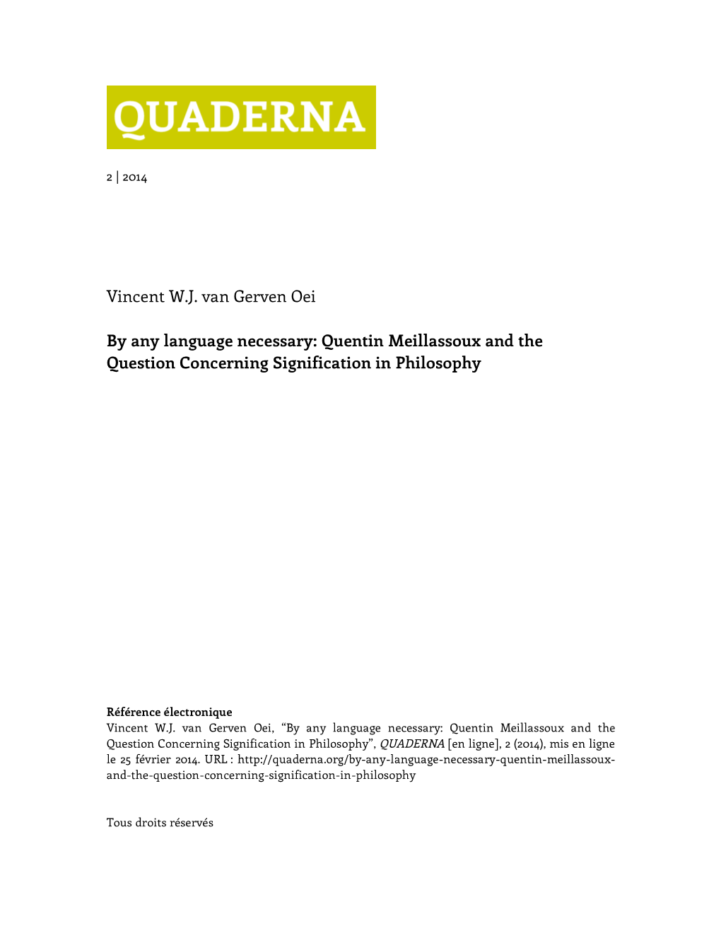 Quentin Meillassoux and the Question Concerning Signification in Philosophy