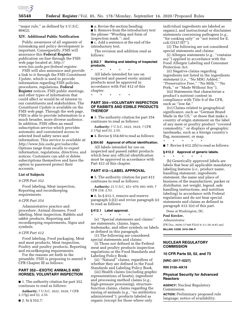 Federal Register/Vol. 85, No. 178/Monday, September 14, 2020