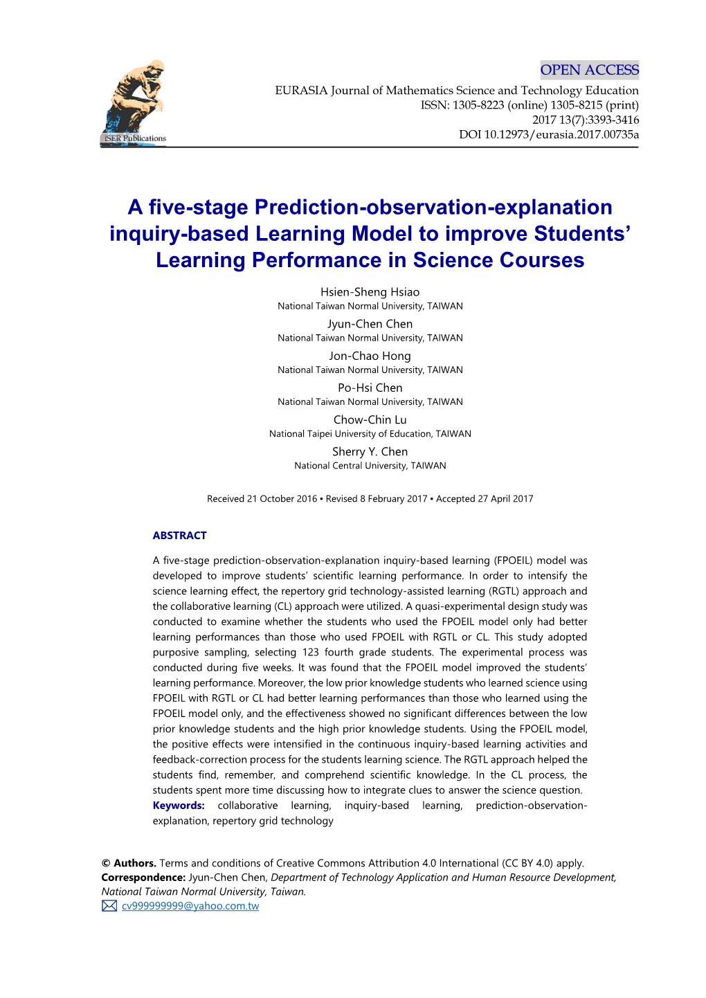 A Five-Stage Prediction-Observation-Explanation Inquiry-Based Learning Model to Improve Students’ Learning Performance in Science Courses