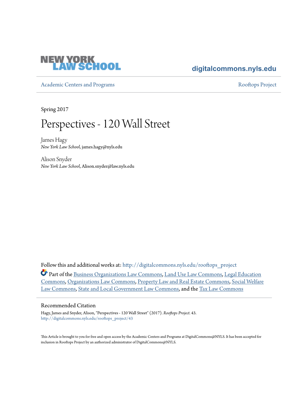 120 Wall Street James Hagy New York Law School, James.Hagy@Nyls.Edu