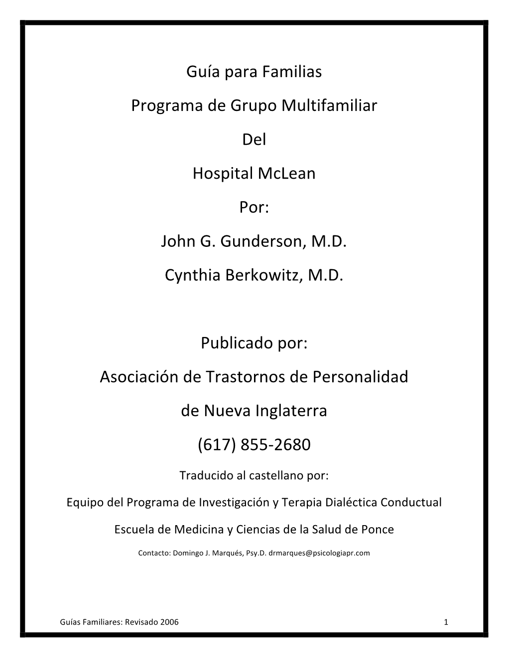 Guía Para Familias Programa De Grupo Multifamiliar Del Hospital Mclean Por: John G