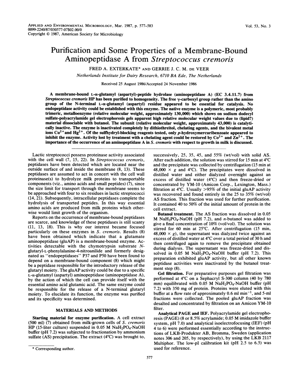 Aminopeptidase a from Streptococcus Cremoris