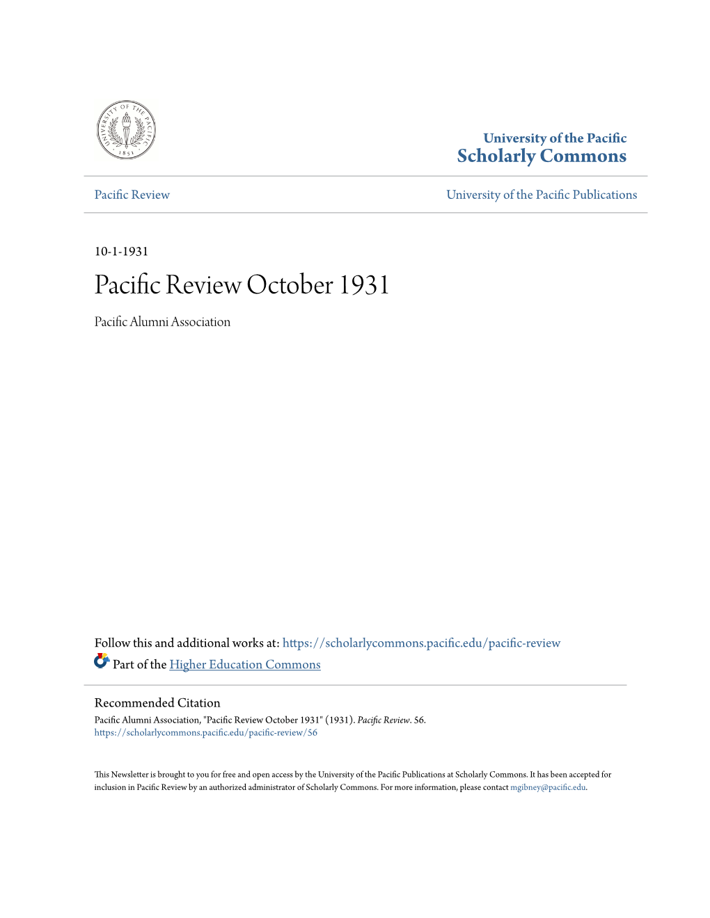 Pacific Review October 1931 Pacific Alumni Association