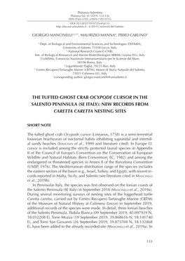 The Tufted Ghost Crab Ocypode Cursor in the Salento Peninsula (Se Italy): New Records from Caretta Caretta Nesting Sites