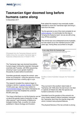 Tasmanian Tiger Doomed Long Before Humans Came Along 12 December 2017