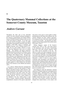 The Quaternary Mammal Collections at the Somerset County Museum, Taunton