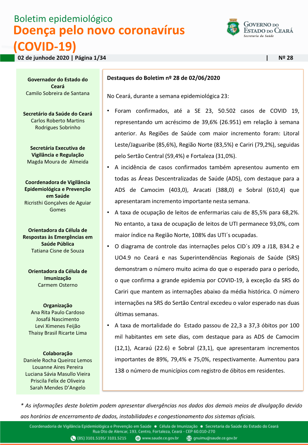 Doença Pelo Novo Coronavírus (COVID-19) 02 De Junhode 2020 | Página 1/34 | Nº 28