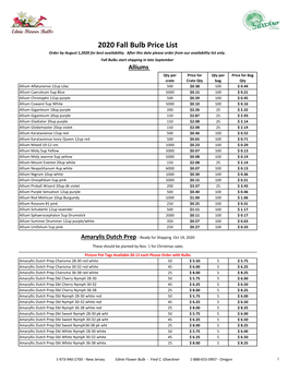 2020 Fall Bulb Price List Order by August 1,2020 for Best Availability