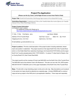 Project Pre-Application (Please Use the Up, Down, Left & Right Arrows to Move from Field to Field)