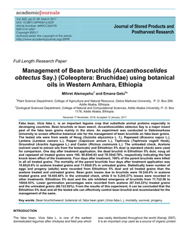 Management of Bean Bruchids (Accanthoscelides Obtectus Say.) (Coleoptera: Bruchidae) Using Botanical Oils in Western Amhara, Ethiopia