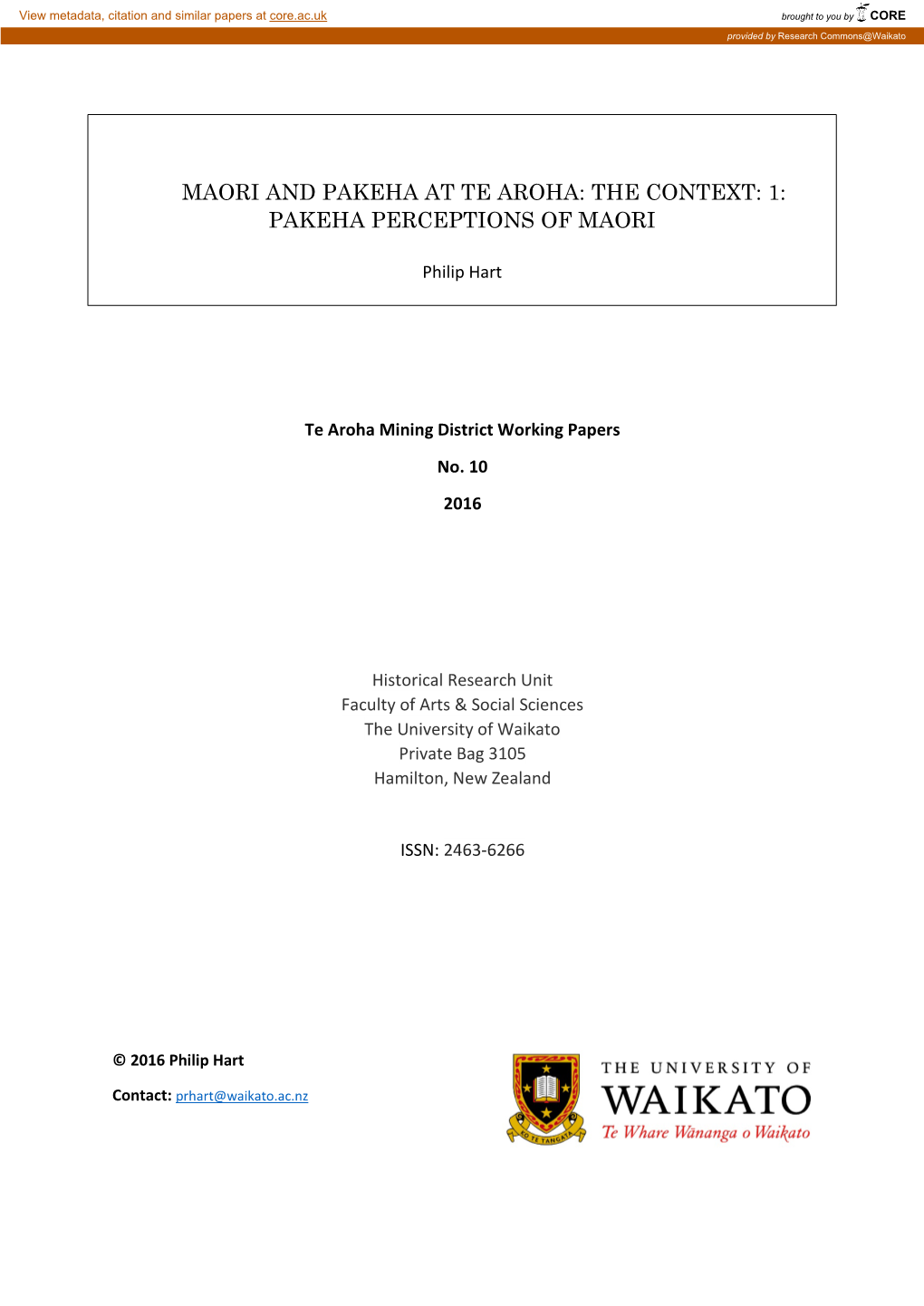 Maori and Pakeha at Te Aroha: the Context: 1: Pakeha Perceptions of Maori