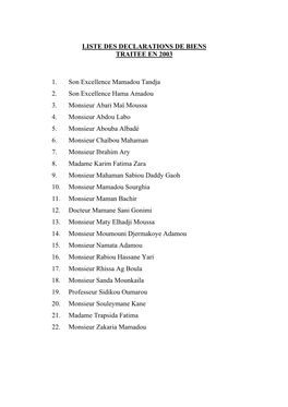 LISTE DES DECLARATIONS DE BIENS TRAITEE EN 2003 1. Son