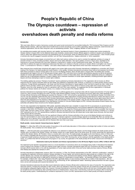 People's Republic of China the Olympics Countdown – Repression of Activists Overshadows Death Penalty and Media Reforms
