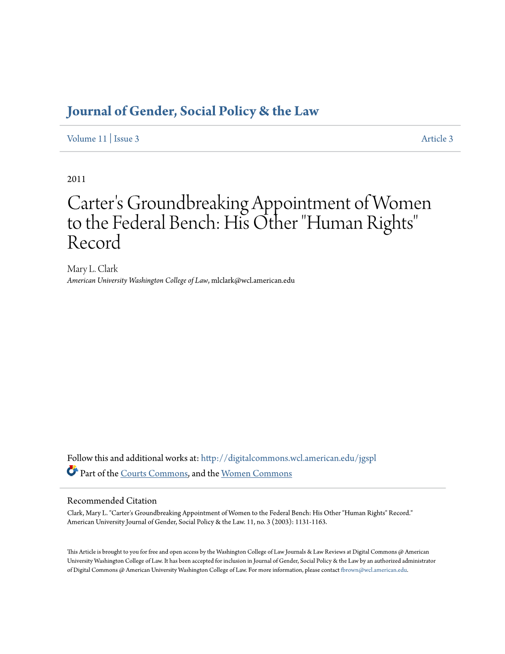 Carter's Groundbreaking Appointment of Women to the Federal Bench: His Other "Human Rights" Record Mary L