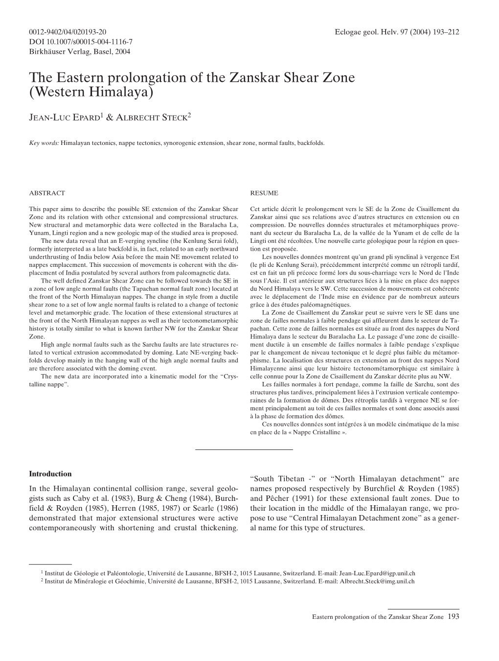 The Eastern Prolongation of the Zanskar Shear Zone (Western Himalaya)