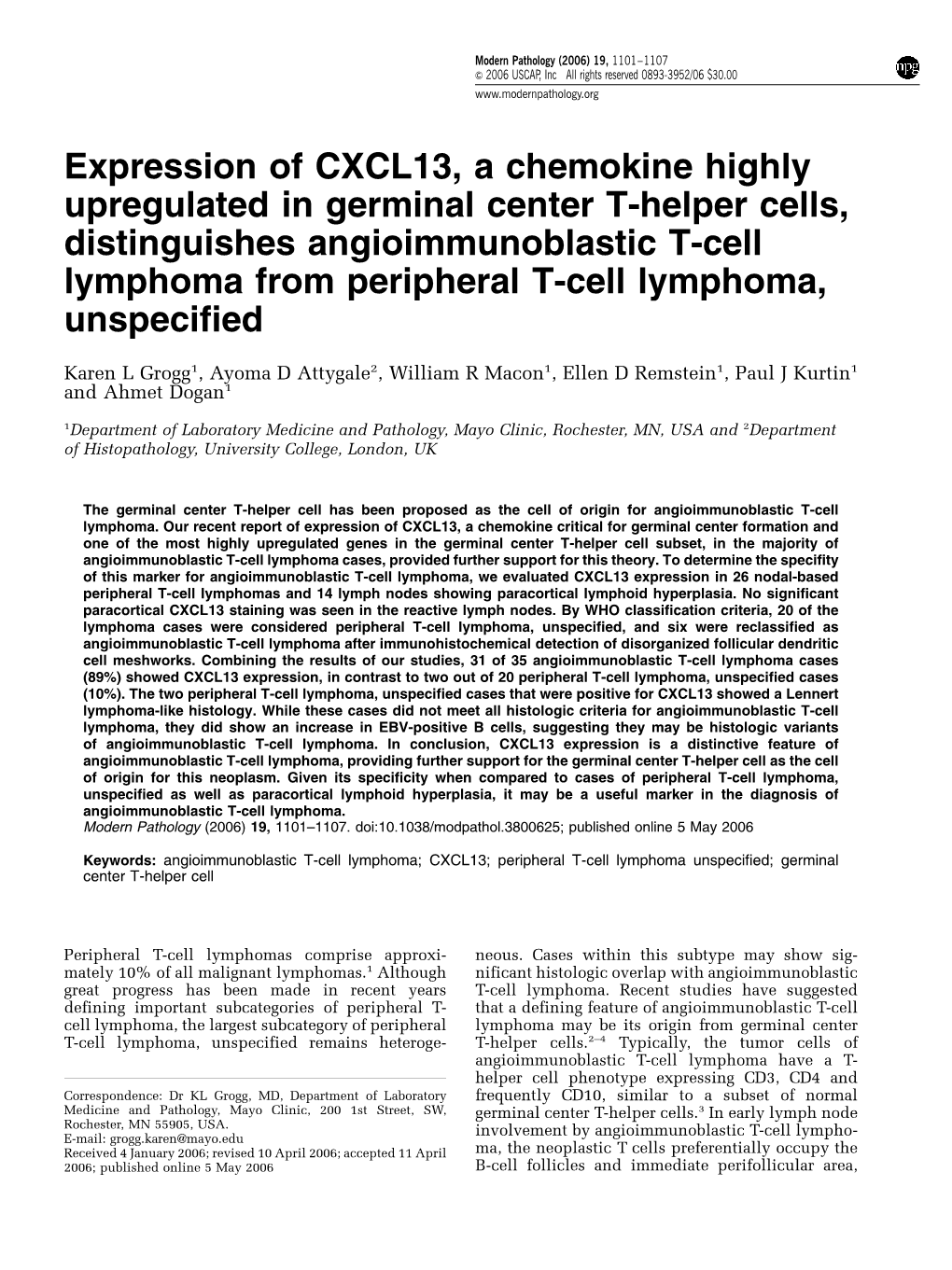 Expression of CXCL13, a Chemokine Highly Upregulated in Germinal