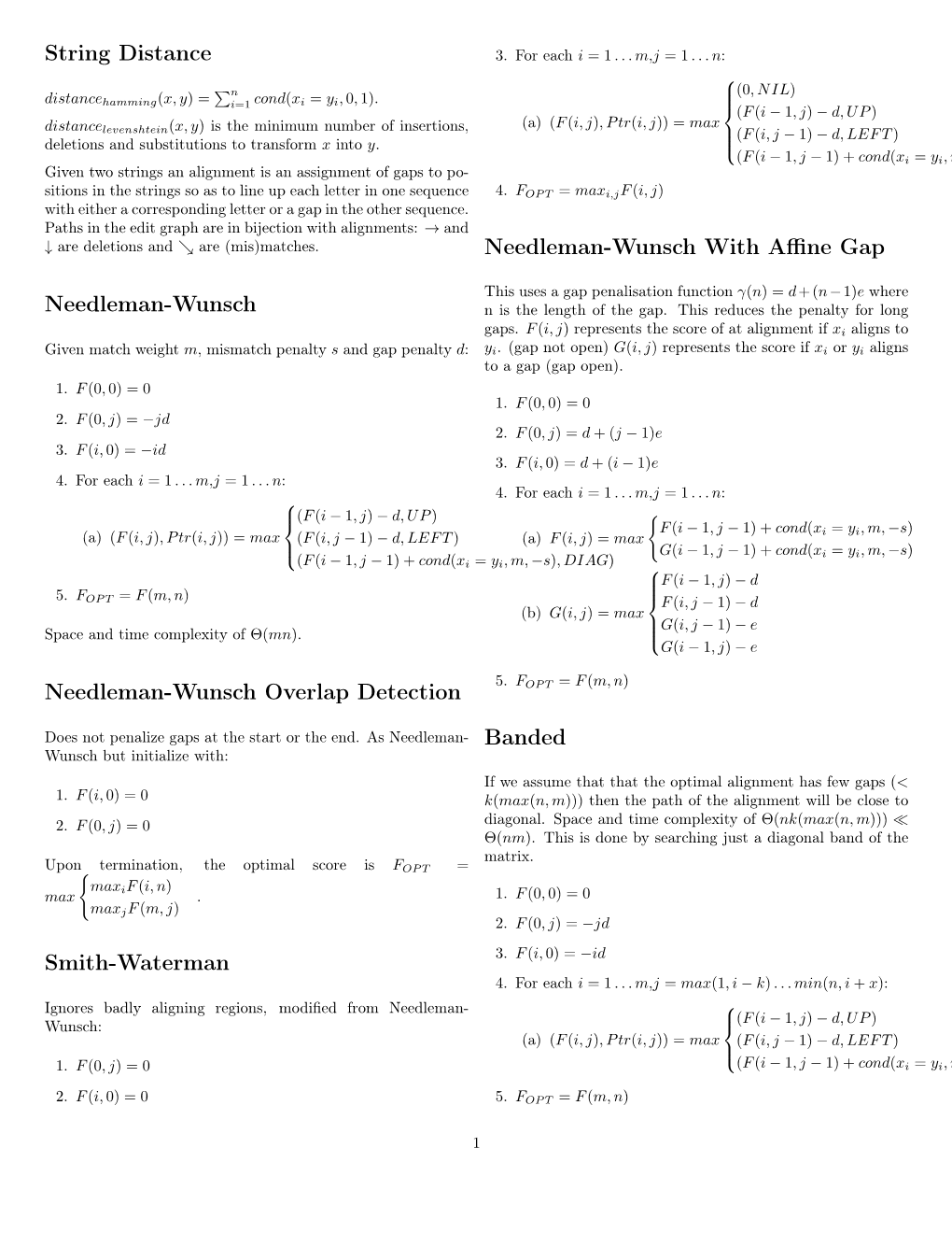 String Distance Needleman-Wunsch Needleman-Wunsch Overlap Detection Smith-Waterman Needleman-Wunsch with Affine Gap Banded