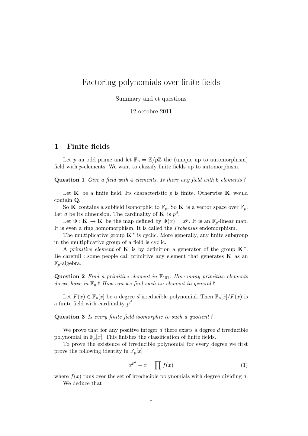 Factoring Polynomials Over Finite Fields