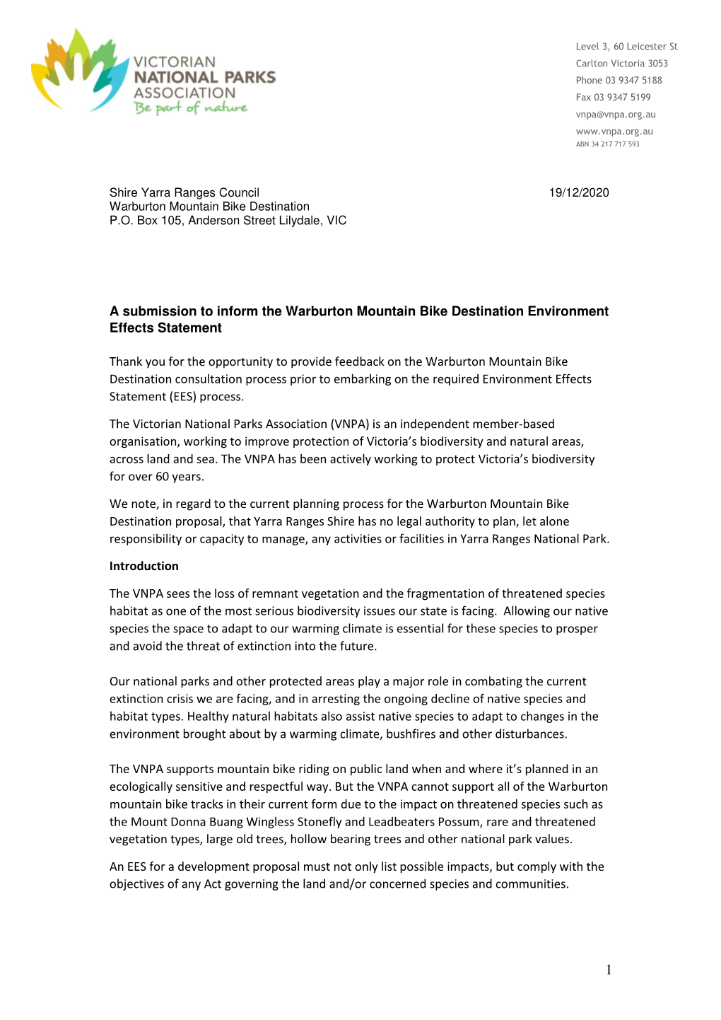 A Submission to Inform the Warburton Mountain Bike Destination Environment Effects Statement