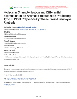 Molecular Characterization and Differential Expression of an Aromatic Heptaketide Producing Type III Plant Polyketide Synthase from Himalayan Rhubarb