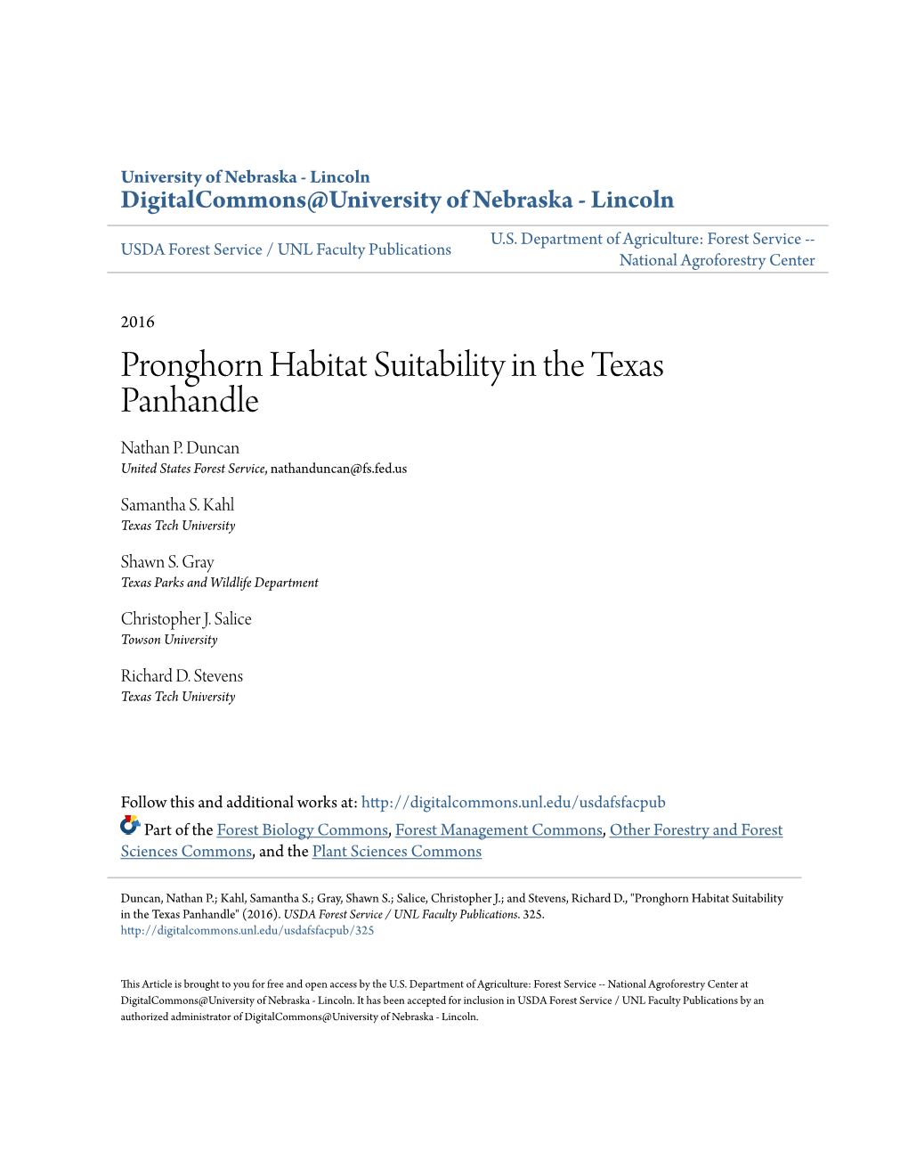 Pronghorn Habitat Suitability in the Texas Panhandle Nathan P